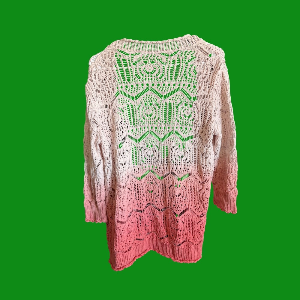 Pink Ombre Crochet Knit Open Front Cardigan Bohemian Longline Sweater